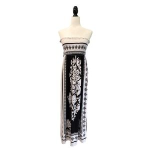 Majora Strapless Maxi Black White Damask Print Boho‎ Smocked Sundress Size S